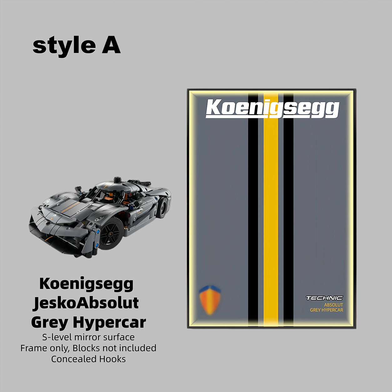 Wall Display Frame For  LEGO® TECHNIC™ Koenigsegg Jesko Absolut Grey Hypercar MID-SIZE CAR 42173 (Model Not Included)