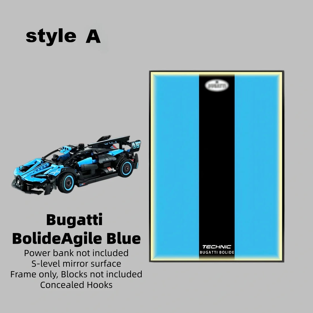 Wall Display Frame For LEGO® TECHNIC™ Bugatti Bolide Agile Blue Mid-Size Car 42162 (Model Not Included)
